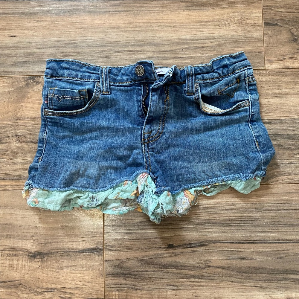 Girls Denim Shorts Size 14 Adjustable Waist Distressed Jean Shorts w/ Ruffle Hem